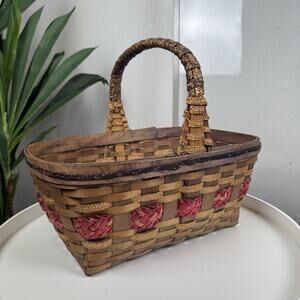 Vintage Primitive Gathering Basket Wood Splint Farm Market Basket Red Accent
